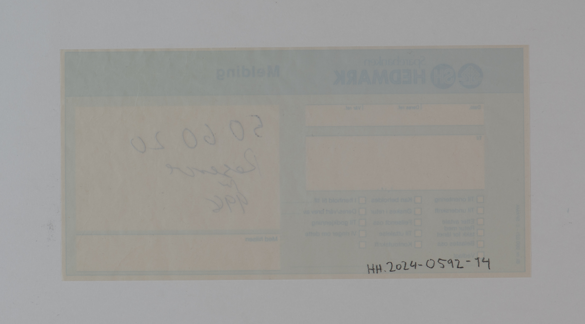 Bruksanvisning for registreringsbenk/memorialplass. Papirer i plastlomme.