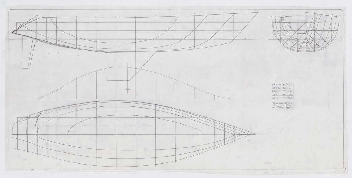 Fyra linjeritningar till Ansa 47, plan, profil och spantruta