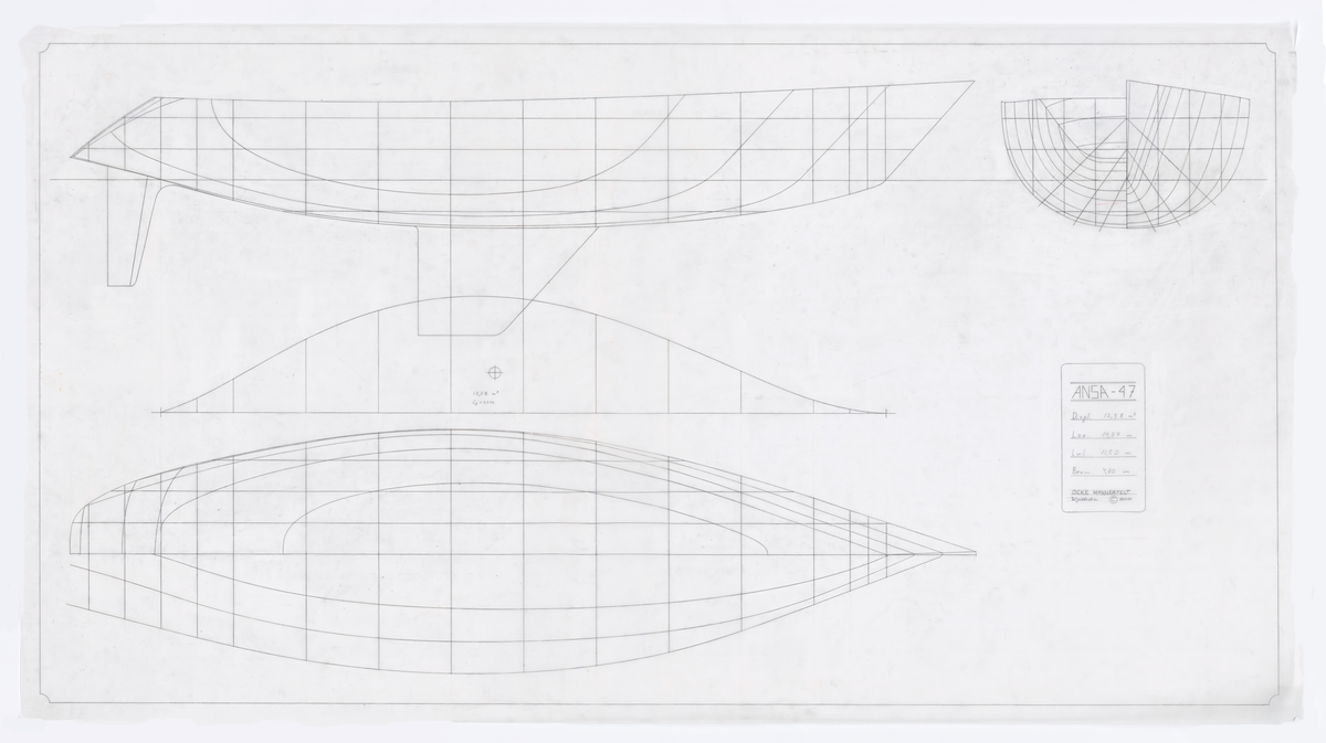 Fyra linjeritningar till Ansa 47, plan, profil och spantruta