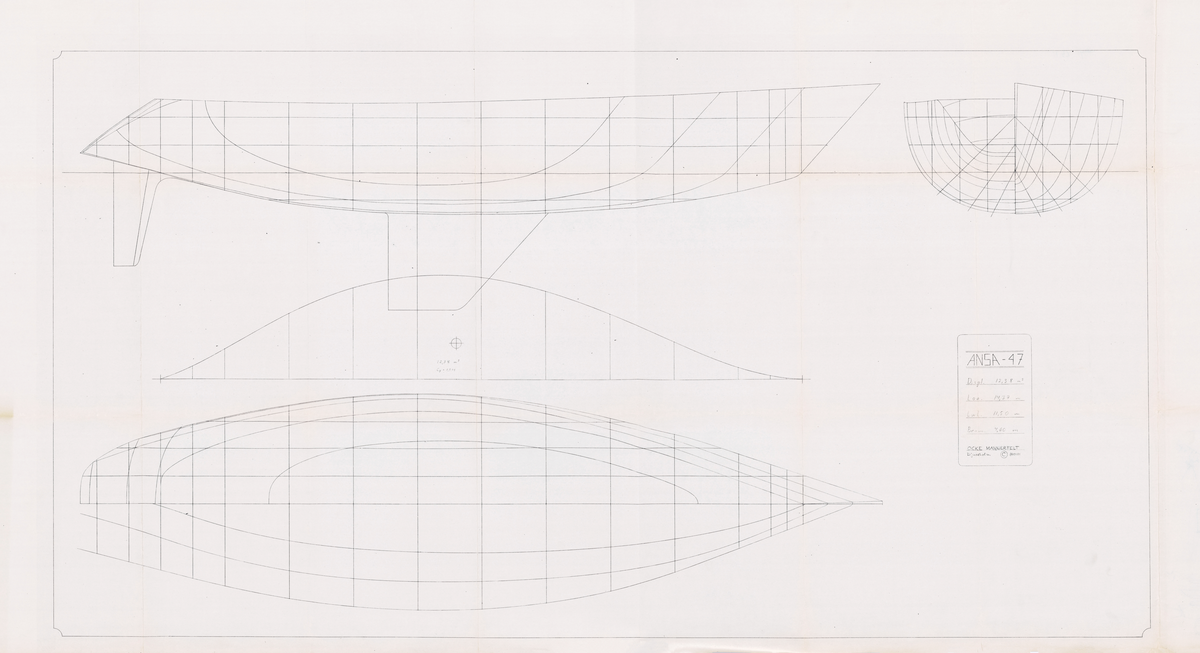 Fyra linjeritningar till Ansa 47, plan, profil och spantruta