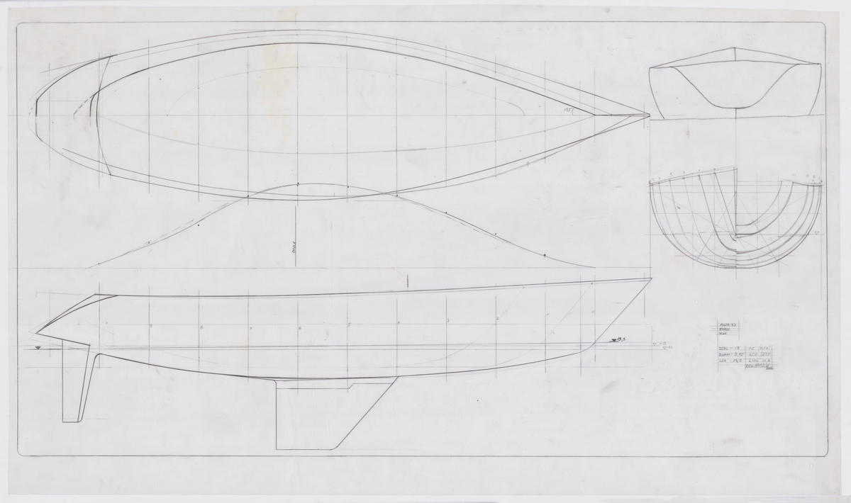 Fyra linjeritningar till Ansa 47, plan, profil och spantruta