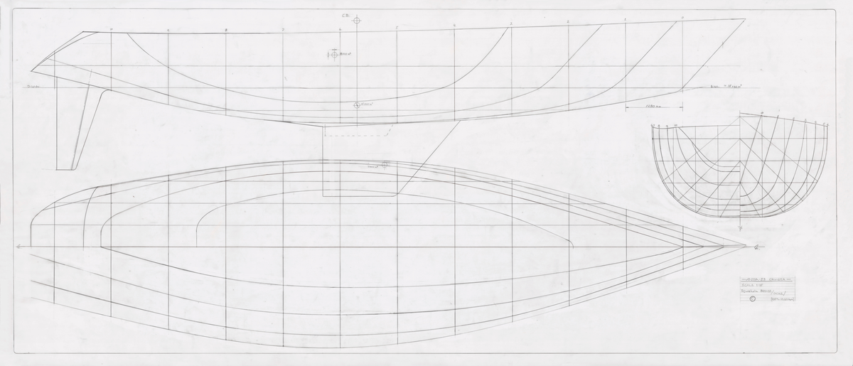 Två linjeritningar, original i blyerts och kopia, plan, profil och spantruta till Ansa 53 cruiser