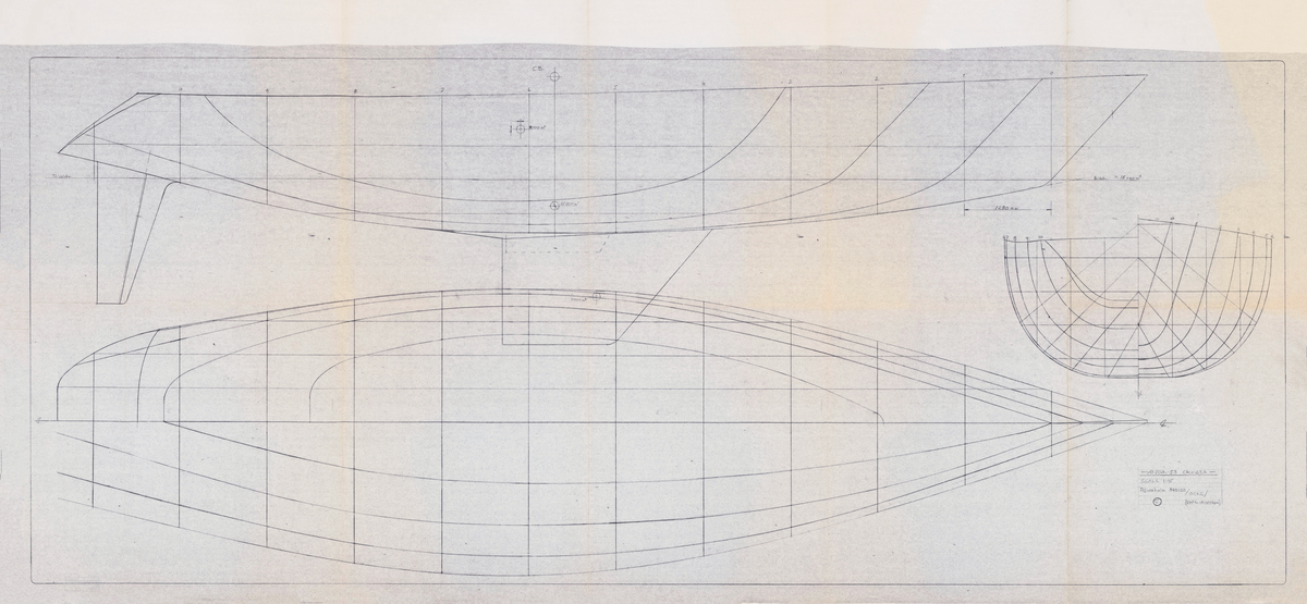 Två linjeritningar, original i blyerts och kopia, plan, profil och spantruta till Ansa 53 cruiser