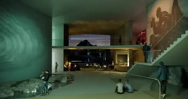 Inni Otolitten. Dette bygget blir et viktig element i SKREI. Bygget skal blant annet romme en stor utstilling, kafé og 5000 kvm magasiner. 