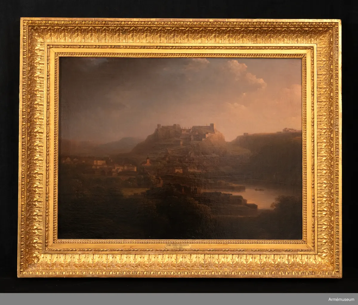 Oljemålning signerad C. J Fahlkrantz 1822, föreställande Fredriksten fästning och Fredrikshald (nuvarande Halden) i Norge.