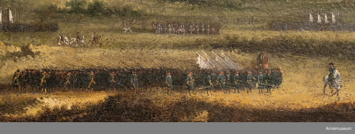 Oljemålning föreställande "Trupprevy för konung Karl XI å Ladugårds-gärdet i Stockholm". Målningen är utförd av Johan Filip Lemke (1631-1711).
Karl XI övar Livgardet till fot på Ladugårdsgärdet
22 och 25 juni 1691, dagarna kring midsommarfesten, övade Karl XI Livgardet till fot på Ladugårdsgärdet och lät dem "träffa uppå varandra med de stora bataljonerna" (Karl XI:s dagboksanteckningar). Vart kompani förde en vit fana. Den marscherande truppen föregås av tre skalmejblåsare.
Etikett med text: 1970 Registrerad och fotograferad av Svenska Porträttarkivet Nationalmuseum