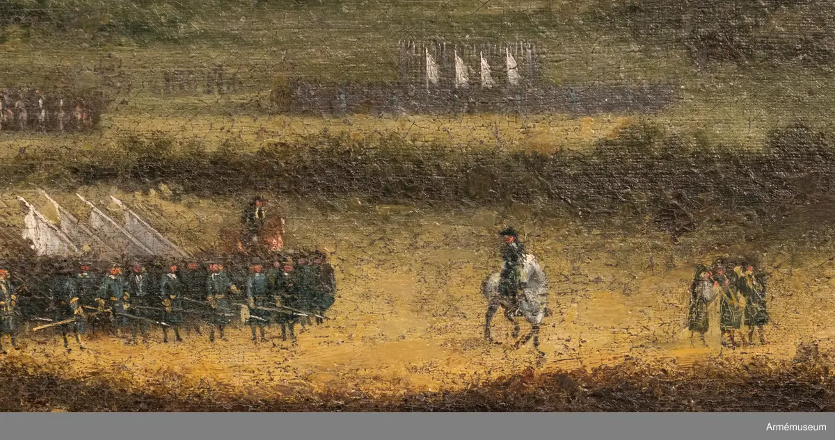 Oljemålning föreställande "Trupprevy för konung Karl XI å Ladugårds-gärdet i Stockholm". Målningen är utförd av Johan Filip Lemke (1631-1711).
Karl XI övar Livgardet till fot på Ladugårdsgärdet
22 och 25 juni 1691, dagarna kring midsommarfesten, övade Karl XI Livgardet till fot på Ladugårdsgärdet och lät dem "träffa uppå varandra med de stora bataljonerna" (Karl XI:s dagboksanteckningar). Vart kompani förde en vit fana. Den marscherande truppen föregås av tre skalmejblåsare.
Etikett med text: 1970 Registrerad och fotograferad av Svenska Porträttarkivet Nationalmuseum