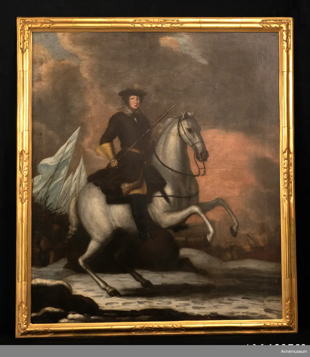 Oljemålning föreställande Karl XI till häst i Lund.