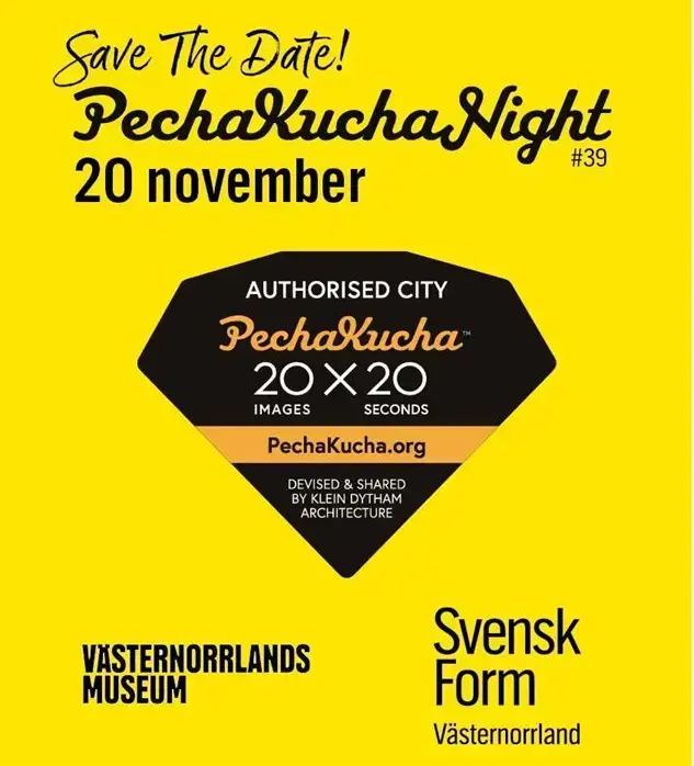 Svart text på gul bakgrund, med ett märke i mitten.