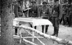 Den tyske soldaten Hans Blum ved flyvåpenet vies i fjernbryl