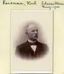 Karl Forsman porträtterad något av 1890-talets år, möjligtvis i samband med sin anställning som folkskollärare i Rejmyre från 1897. En till det yttre goda förutsättningar var han född i Åsbo 1848 som son till trädgårdsmästaren vid Strålsnäs säteri. Barndomen skulle ändå rymma besvärligheter. Tidigt tycks exempelvis fadern kommit i klammeri med sin arbetsgivare och avhysts från säteriet. Efter en tid i Vadstena inflyttade Karl med sina föräldrar till Linköping där källorna visar frekvent omflyttning för den nu före detta trädgårdsmästaren och hans familj. I sina tonår avled dessutom Karls moder och därpå dömdes ävenså fadern till fängelse för snatteri. Under dessa förutsättningar lyckades Karl ändå utbilda sig och från 1873 återfinns han i tjänst som lärare i Närke och som nämnts vidare i östgötska Rejmyre. Från 1874 gift med Beata Maria Köhler.