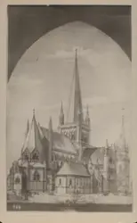 Trondheims Domkyrka. Texten på baksida kort är ett meddeland