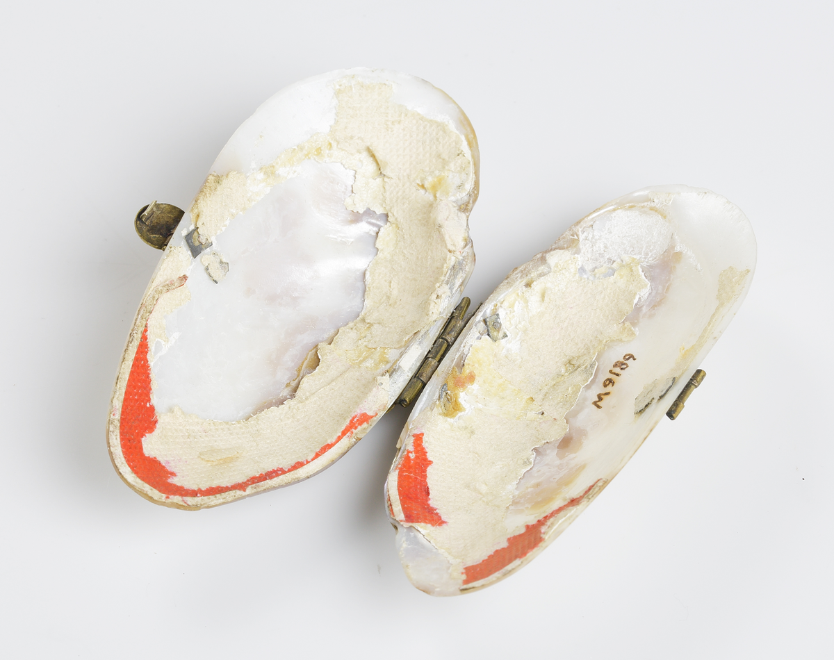 Etui, av musselskal med beslag av mässing.
Inskrivet i huvudkatalog 1936.