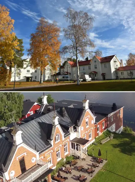 Collage som visar Hola folkhögskola och Björkudden vid Ångermanälven.