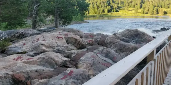 Hällristningar vid vattendrag med skog i bakgrunden och ett träräcke i framkanten.