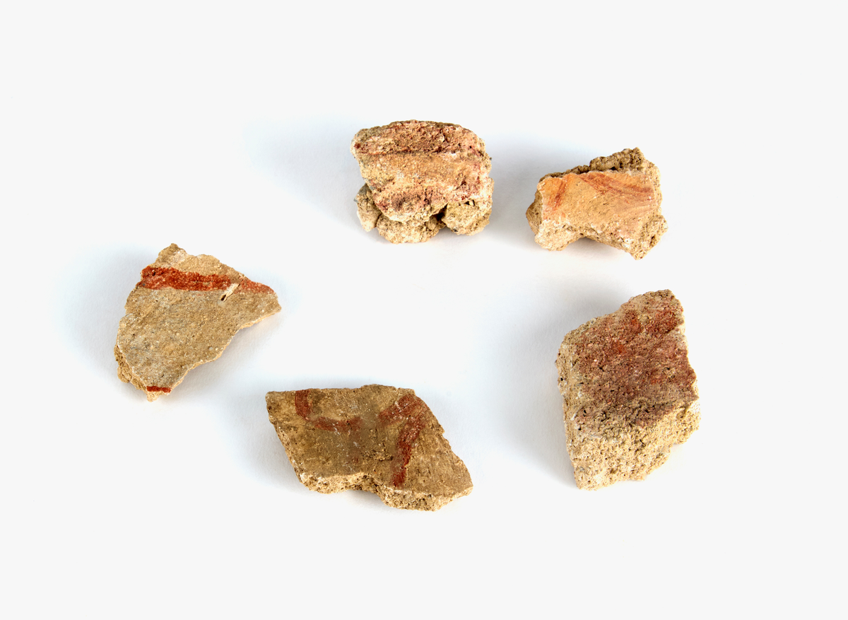 En samling av fragment av målad puts och bruk med kalkputs och bemålning. 17 fyndaskar med fragment i olika storlekar.

Fyndask 1: Totalt 13 fragment med röd och vit färg, en ser ut att ha träavtryck (varit fäst mot ett trästycke).

Fyndask 2: Totalt 7 fragment alla utom en har röd och vit färg, endast en med gråaktig obehandlad puts. 

Fyndask 3: Totalt 1 större fragment med röd och vit färg på enda sidan.

Fyndask 4: Totalt 4 fragment alla utom en med röd och vit färg, endast en med vit puts. 

Fyndask 5: Totalt 3 fragment med röd och vit färg, varav en är sotig. 

Fyndask 6: Totalt 3 fragment med röd och vit färg, en mycket tydlig medan de andra två mer diffusa. 

Fyndask 7:  Totalt 27 fragment, 24 av dessa är bemålade med röd och vit färg, 3  fragment med gråaktig obehandlad puts. 

Fyndask 8: Totalt 5 fragment, varav 4 större och en mycket liten. Alla större fragment med olika karaktär. En med vit kalkbruk och utan putsad yta, en annan med svart och röd putsad yta. Det tredje fragmentet har lite rödfärgad puts bevarad och på andra sidan ser det ut att ha träavtryck (varit fäst mot ett trästycke). Det fjärde fragmentet har en mer brungrå nyans. I fyndasken låg en lapp med text N. om V. portalen. 

Fyndask 9: Totalt 13 fragment, varav ett större fragment med svart och rödmålad puts. Ett annat fragment med svart och vitmålad puts, det tredje fragmentet har endast svartmålad puts. Sedan finns tre rödmålande putsfragment, samt tre fragment med röda linjer. Fyra fragment är ytterst små och intetsägande.

Fyndask 10: Totalt 9 fragment samt smådelar varav två har rött färgfragment. Det största fragmentet samt fyra andra är svart- och rödmålat. Tre putsfragment har röda linjer.
 
Fyndask 11: Totalt 1 fragment med röda linjer samt en mindre del med blågråa linjer. 

Fyndask 12: Totalt 1 fragment med blågrå rundad linje samt samt en mindre punkt eller koncentration nedanför.  

Fyndask 13: Totalt 5 fragment varav två med rödmålad puts. De andra tre har linjer. 

Fyndask 14: Totalt 1 fragment med vit och rödmålad puts, med flertal linjer som eventuellt kan vara del av en bokstav.
 
Fyndask 15: Totalt 1 fragment med vit och svartmålad puts, med flertal linjer som eventuellt kan vara del av en större figur. Ena delen syns en större koncentration som skulle kunna vara en fågel. 

Fyndask 16: Totalt 1 fragment med vit och rödmålad puts, med flertal rundade linjer som eventuellt kan vara del av växtlig dekor.

Fyndask 17: Totalt 1 fragment med rödmålad puts, med en vit linje.