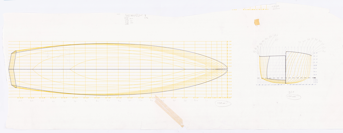 Linjeritning och spantruta med anteckningar i blyerts