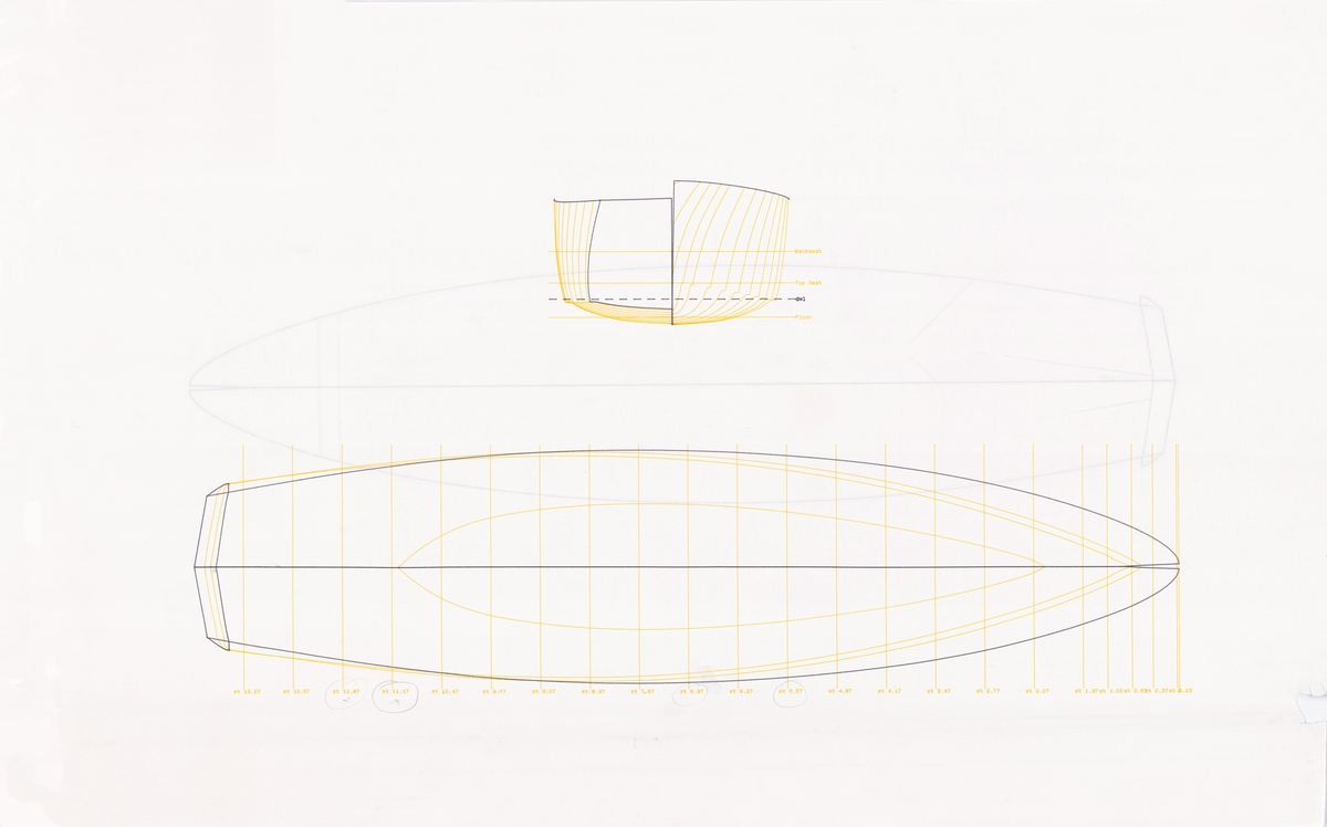 Linjeritning och spantruta med anteckningar i blyerts