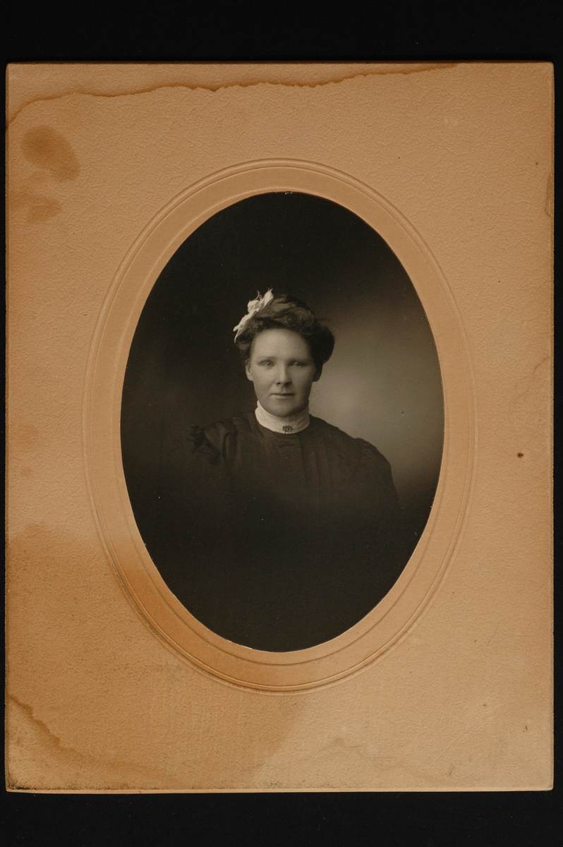 Portrett av en kvinne med mørkt hår med hvit sløyfe i. Påskrift bakpå: Thea Windingland