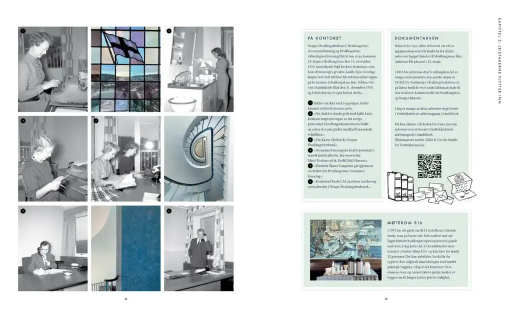 Bildet viser to sider fra en bok. Venstre side består av ni bilder - seks i sort-hvit fra kontormiljø og tre fargebilder av detaljer fra bygget innvendig. Høyre side har tre spalter med lys turkis bakgrunn. Den ene har overskiften PÅ KONTORET, den andre DOKUMENTARVEN, den trede MØTEROM 816.