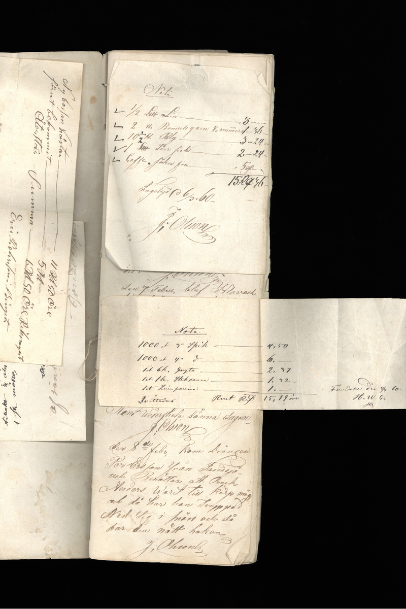 Dagböcker och andra anteckningar förda av storbonden och bössmeden Jonas Olsson (1832-1895) i Fågelsjö, Los mellan åren 1851 och 1892. Dagböckerna berör vardagens arbete, händelser i familjen och byn, förtretligheter, glädjeämnen och sorg. Böckerna förda i varierande frekvens med både dagliga och strödda anteckningar. Hela luckor år 1862-63, 1870-78, 1880-83 samt 1885-56. Dagboken förd i böcker med blandat innehåll, där dagboksanteckningarna är instoppade. Jonas Olssons dagboksanteckningar finns även transkriberade och publicerade i boken "Min hand är icke begåfvad att föra en skikliger penna", 2009.
