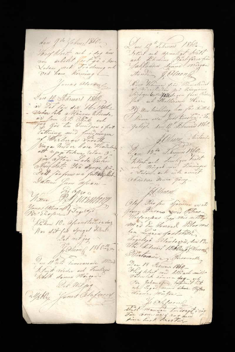 Dagböcker och andra anteckningar förda av storbonden och bössmeden Jonas Olsson (1832-1895) i Fågelsjö, Los mellan åren 1851 och 1892. Dagböckerna berör vardagens arbete, händelser i familjen och byn, förtretligheter, glädjeämnen och sorg. Böckerna förda i varierande frekvens med både dagliga och strödda anteckningar. Hela luckor år 1862-63, 1870-78, 1880-83 samt 1885-56. Dagboken förd i böcker med blandat innehåll, där dagboksanteckningarna är instoppade. Jonas Olssons dagboksanteckningar finns även transkriberade och publicerade i boken "Min hand är icke begåfvad att föra en skikliger penna", 2009.
