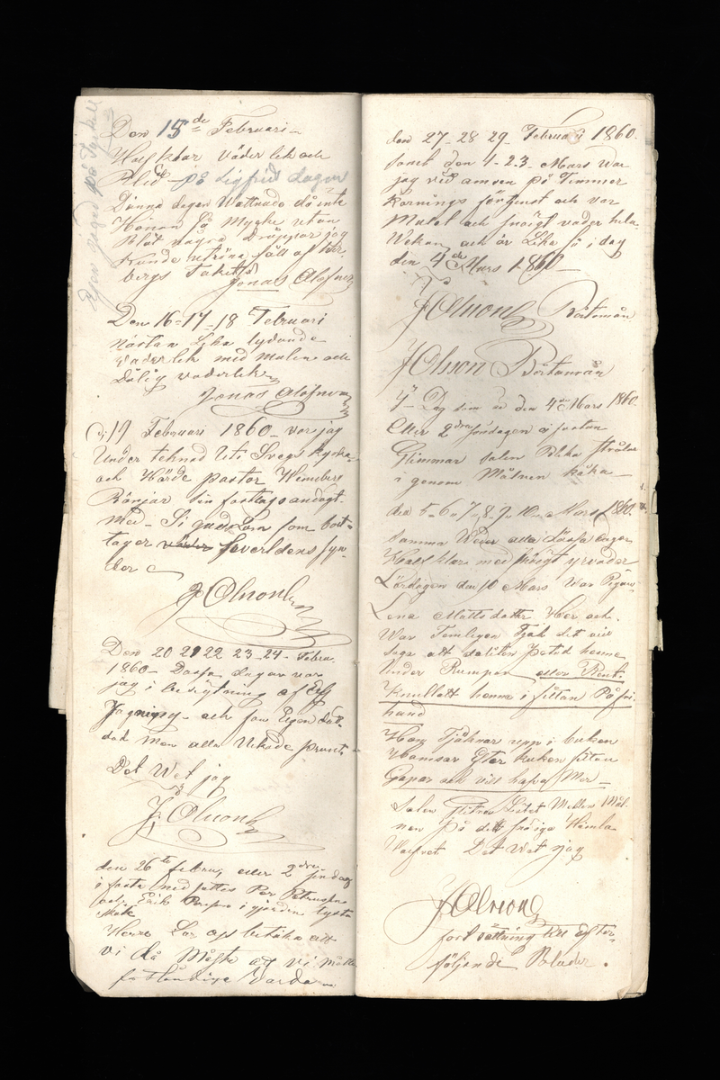 Dagböcker och andra anteckningar förda av storbonden och bössmeden Jonas Olsson (1832-1895) i Fågelsjö, Los mellan åren 1851 och 1892. Dagböckerna berör vardagens arbete, händelser i familjen och byn, förtretligheter, glädjeämnen och sorg. Böckerna förda i varierande frekvens med både dagliga och strödda anteckningar. Hela luckor år 1862-63, 1870-78, 1880-83 samt 1885-56. Dagboken förd i böcker med blandat innehåll, där dagboksanteckningarna är instoppade. Jonas Olssons dagboksanteckningar finns även transkriberade och publicerade i boken "Min hand är icke begåfvad att föra en skikliger penna", 2009.
