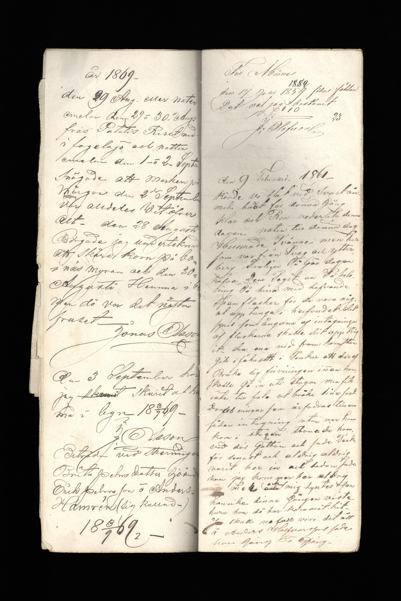 Dagböcker och andra anteckningar förda av storbonden och bössmeden Jonas Olsson (1832-1895) i Fågelsjö, Los mellan åren 1851 och 1892. Dagböckerna berör vardagens arbete, händelser i familjen och byn, förtretligheter, glädjeämnen och sorg. Böckerna förda i varierande frekvens med både dagliga och strödda anteckningar. Hela luckor år 1862-63, 1870-78, 1880-83 samt 1885-56. Dagboken förd i böcker med blandat innehåll, där dagboksanteckningarna är instoppade. Jonas Olssons dagboksanteckningar finns även transkriberade och publicerade i boken "Min hand är icke begåfvad att föra en skikliger penna", 2009.
