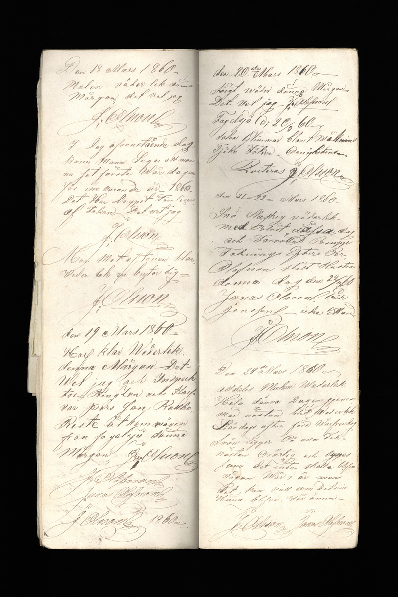 Dagböcker och andra anteckningar förda av storbonden och bössmeden Jonas Olsson (1832-1895) i Fågelsjö, Los mellan åren 1851 och 1892. Dagböckerna berör vardagens arbete, händelser i familjen och byn, förtretligheter, glädjeämnen och sorg. Böckerna förda i varierande frekvens med både dagliga och strödda anteckningar. Hela luckor år 1862-63, 1870-78, 1880-83 samt 1885-56. Dagboken förd i böcker med blandat innehåll, där dagboksanteckningarna är instoppade. Jonas Olssons dagboksanteckningar finns även transkriberade och publicerade i boken "Min hand är icke begåfvad att föra en skikliger penna", 2009.
