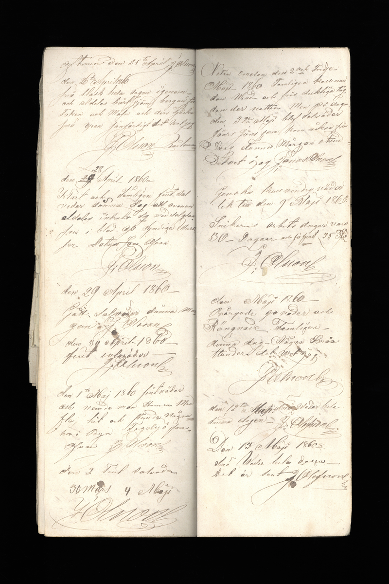 Dagböcker och andra anteckningar förda av storbonden och bössmeden Jonas Olsson (1832-1895) i Fågelsjö, Los mellan åren 1851 och 1892. Dagböckerna berör vardagens arbete, händelser i familjen och byn, förtretligheter, glädjeämnen och sorg. Böckerna förda i varierande frekvens med både dagliga och strödda anteckningar. Hela luckor år 1862-63, 1870-78, 1880-83 samt 1885-56. Dagboken förd i böcker med blandat innehåll, där dagboksanteckningarna är instoppade. Jonas Olssons dagboksanteckningar finns även transkriberade och publicerade i boken "Min hand är icke begåfvad att föra en skikliger penna", 2009.
