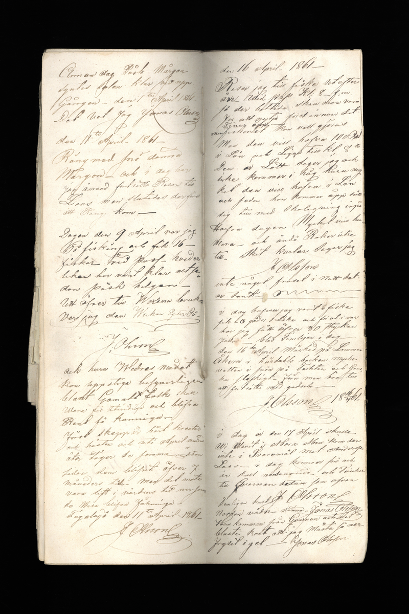 Dagböcker och andra anteckningar förda av storbonden och bössmeden Jonas Olsson (1832-1895) i Fågelsjö, Los mellan åren 1851 och 1892. Dagböckerna berör vardagens arbete, händelser i familjen och byn, förtretligheter, glädjeämnen och sorg. Böckerna förda i varierande frekvens med både dagliga och strödda anteckningar. Hela luckor år 1862-63, 1870-78, 1880-83 samt 1885-56. Dagboken förd i böcker med blandat innehåll, där dagboksanteckningarna är instoppade. Jonas Olssons dagboksanteckningar finns även transkriberade och publicerade i boken "Min hand är icke begåfvad att föra en skikliger penna", 2009.
