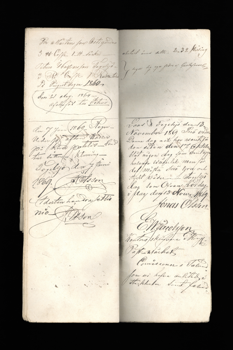 Dagböcker och andra anteckningar förda av storbonden och bössmeden Jonas Olsson (1832-1895) i Fågelsjö, Los mellan åren 1851 och 1892. Dagböckerna berör vardagens arbete, händelser i familjen och byn, förtretligheter, glädjeämnen och sorg. Böckerna förda i varierande frekvens med både dagliga och strödda anteckningar. Hela luckor år 1862-63, 1870-78, 1880-83 samt 1885-56. Dagboken förd i böcker med blandat innehåll, där dagboksanteckningarna är instoppade. Jonas Olssons dagboksanteckningar finns även transkriberade och publicerade i boken "Min hand är icke begåfvad att föra en skikliger penna", 2009.
