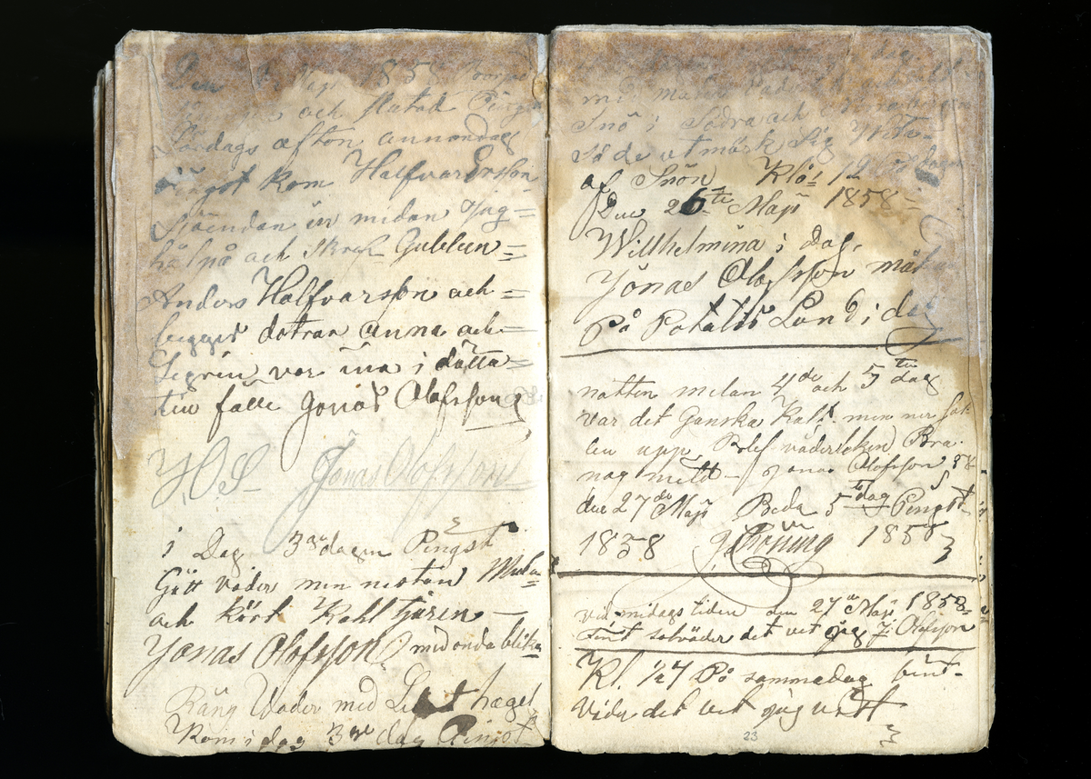 Dagböcker och andra anteckningar förda av storbonden och bössmeden Jonas Olsson (1832-1895) i Fågelsjö, Los mellan åren 1851 och 1892. Dagböckerna berör vardagens arbete, händelser i familjen och byn, förtretligheter, glädjeämnen och sorg. Böckerna förda i varierande frekvens med både dagliga och strödda anteckningar. Hela luckor år 1862-63, 1870-78, 1880-83 samt 1885-56. Dagboken förd i böcker med blandat innehåll, där dagboksanteckningarna är instoppade. Jonas Olssons dagboksanteckningar finns även transkriberade och publicerade i boken "Min hand är icke begåfvad att föra en skikliger penna", 2009.
