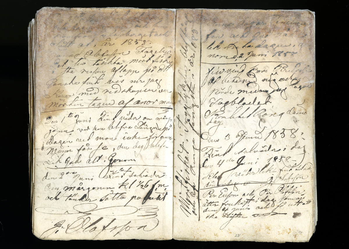 Dagböcker och andra anteckningar förda av storbonden och bössmeden Jonas Olsson (1832-1895) i Fågelsjö, Los mellan åren 1851 och 1892. Dagböckerna berör vardagens arbete, händelser i familjen och byn, förtretligheter, glädjeämnen och sorg. Böckerna förda i varierande frekvens med både dagliga och strödda anteckningar. Hela luckor år 1862-63, 1870-78, 1880-83 samt 1885-56. Dagboken förd i böcker med blandat innehåll, där dagboksanteckningarna är instoppade. Jonas Olssons dagboksanteckningar finns även transkriberade och publicerade i boken "Min hand är icke begåfvad att föra en skikliger penna", 2009.
