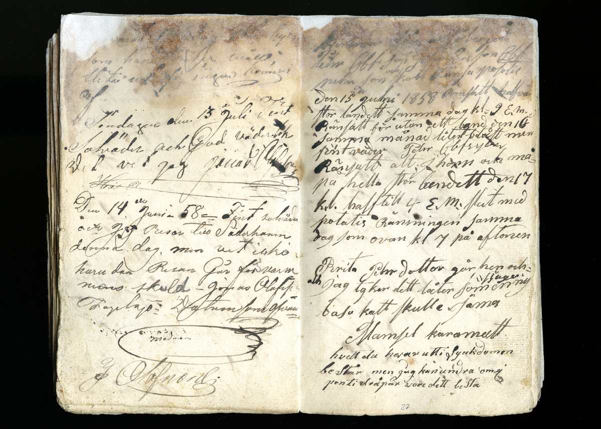 Dagböcker och andra anteckningar förda av storbonden och bössmeden Jonas Olsson (1832-1895) i Fågelsjö, Los mellan åren 1851 och 1892. Dagböckerna berör vardagens arbete, händelser i familjen och byn, förtretligheter, glädjeämnen och sorg. Böckerna förda i varierande frekvens med både dagliga och strödda anteckningar. Hela luckor år 1862-63, 1870-78, 1880-83 samt 1885-56. Dagboken förd i böcker med blandat innehåll, där dagboksanteckningarna är instoppade. Jonas Olssons dagboksanteckningar finns även transkriberade och publicerade i boken "Min hand är icke begåfvad att föra en skikliger penna", 2009.
