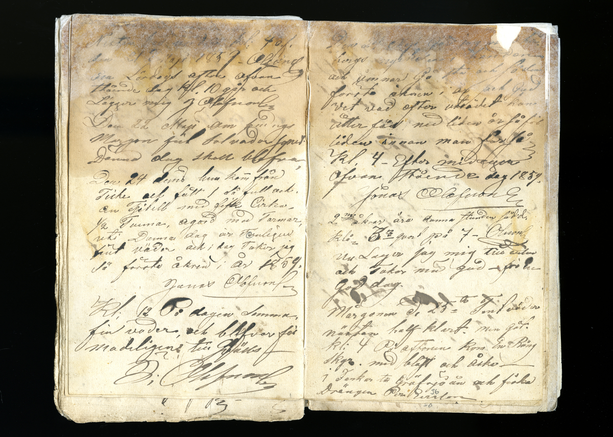 Dagböcker och andra anteckningar förda av storbonden och bössmeden Jonas Olsson (1832-1895) i Fågelsjö, Los mellan åren 1851 och 1892. Dagböckerna berör vardagens arbete, händelser i familjen och byn, förtretligheter, glädjeämnen och sorg. Böckerna förda i varierande frekvens med både dagliga och strödda anteckningar. Hela luckor år 1862-63, 1870-78, 1880-83 samt 1885-56. Dagboken förd i böcker med blandat innehåll, där dagboksanteckningarna är instoppade. Jonas Olssons dagboksanteckningar finns även transkriberade och publicerade i boken "Min hand är icke begåfvad att föra en skikliger penna", 2009.
