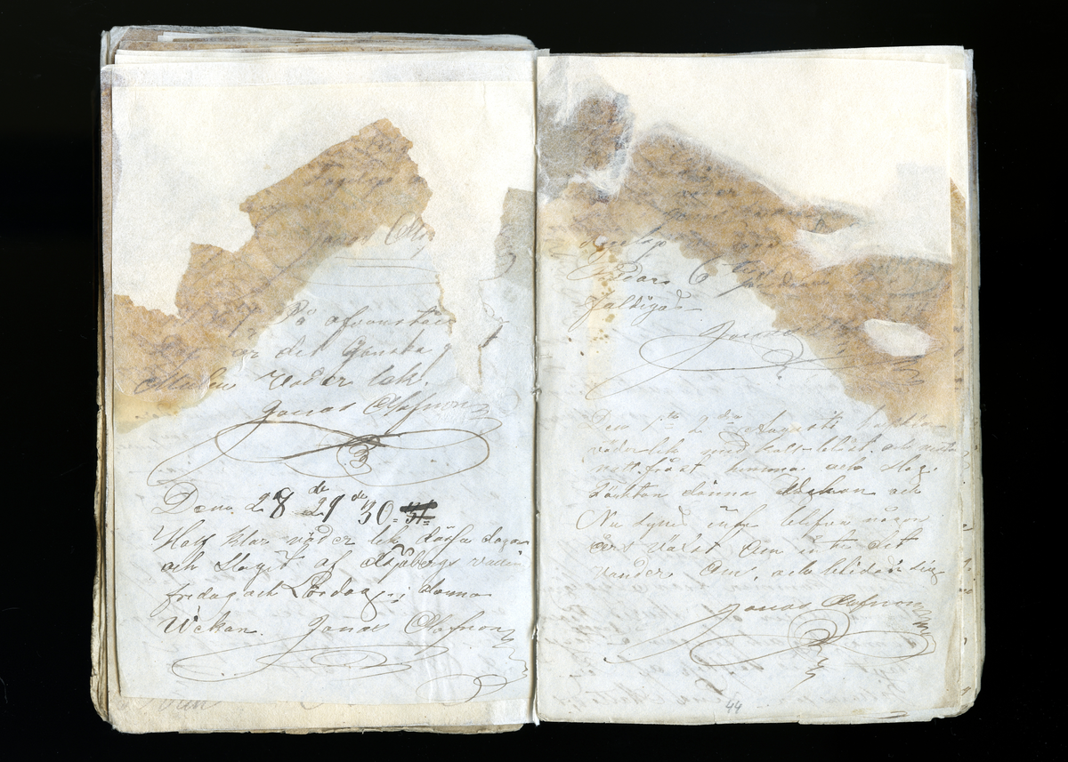 Dagböcker och andra anteckningar förda av storbonden och bössmeden Jonas Olsson (1832-1895) i Fågelsjö, Los mellan åren 1851 och 1892. Dagböckerna berör vardagens arbete, händelser i familjen och byn, förtretligheter, glädjeämnen och sorg. Böckerna förda i varierande frekvens med både dagliga och strödda anteckningar. Hela luckor år 1862-63, 1870-78, 1880-83 samt 1885-56. Dagboken förd i böcker med blandat innehåll, där dagboksanteckningarna är instoppade. Jonas Olssons dagboksanteckningar finns även transkriberade och publicerade i boken "Min hand är icke begåfvad att föra en skikliger penna", 2009.
