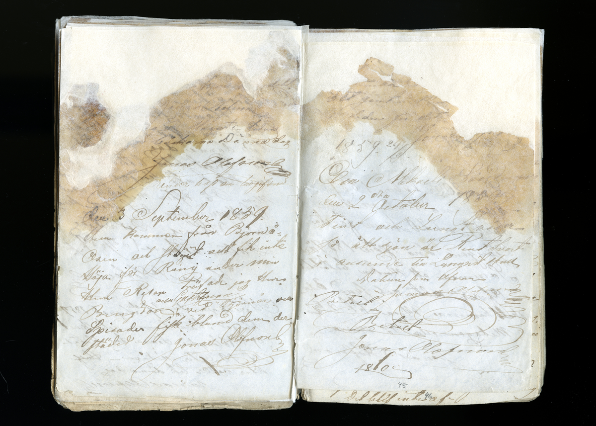 Dagböcker och andra anteckningar förda av storbonden och bössmeden Jonas Olsson (1832-1895) i Fågelsjö, Los mellan åren 1851 och 1892. Dagböckerna berör vardagens arbete, händelser i familjen och byn, förtretligheter, glädjeämnen och sorg. Böckerna förda i varierande frekvens med både dagliga och strödda anteckningar. Hela luckor år 1862-63, 1870-78, 1880-83 samt 1885-56. Dagboken förd i böcker med blandat innehåll, där dagboksanteckningarna är instoppade. Jonas Olssons dagboksanteckningar finns även transkriberade och publicerade i boken "Min hand är icke begåfvad att föra en skikliger penna", 2009.
