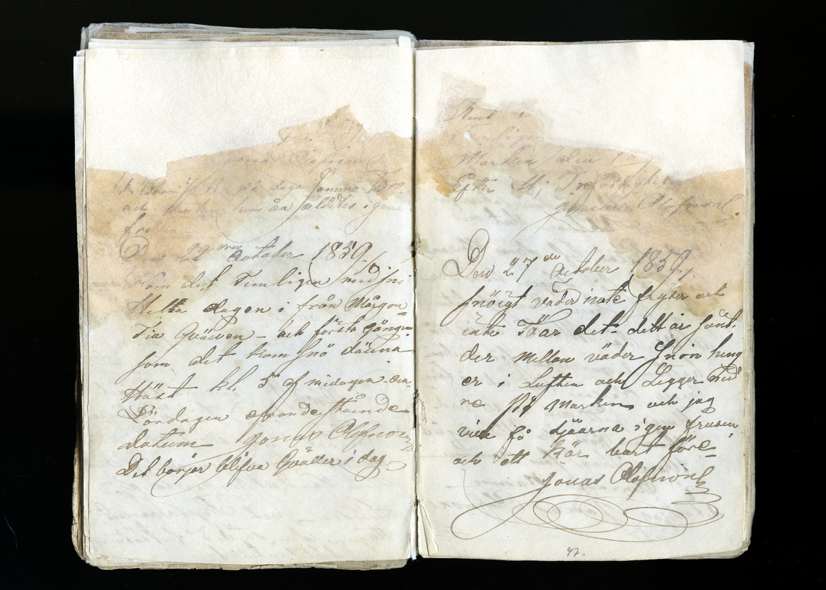 Dagböcker och andra anteckningar förda av storbonden och bössmeden Jonas Olsson (1832-1895) i Fågelsjö, Los mellan åren 1851 och 1892. Dagböckerna berör vardagens arbete, händelser i familjen och byn, förtretligheter, glädjeämnen och sorg. Böckerna förda i varierande frekvens med både dagliga och strödda anteckningar. Hela luckor år 1862-63, 1870-78, 1880-83 samt 1885-56. Dagboken förd i böcker med blandat innehåll, där dagboksanteckningarna är instoppade. Jonas Olssons dagboksanteckningar finns även transkriberade och publicerade i boken "Min hand är icke begåfvad att föra en skikliger penna", 2009.
