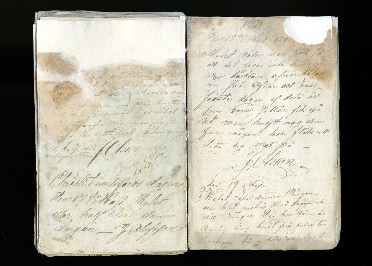 Dagböcker och andra anteckningar förda av storbonden och bössmeden Jonas Olsson (1832-1895) i Fågelsjö, Los mellan åren 1851 och 1892. Dagböckerna berör vardagens arbete, händelser i familjen och byn, förtretligheter, glädjeämnen och sorg. Böckerna förda i varierande frekvens med både dagliga och strödda anteckningar. Hela luckor år 1862-63, 1870-78, 1880-83 samt 1885-56. Dagboken förd i böcker med blandat innehåll, där dagboksanteckningarna är instoppade. Jonas Olssons dagboksanteckningar finns även transkriberade och publicerade i boken "Min hand är icke begåfvad att föra en skikliger penna", 2009.
