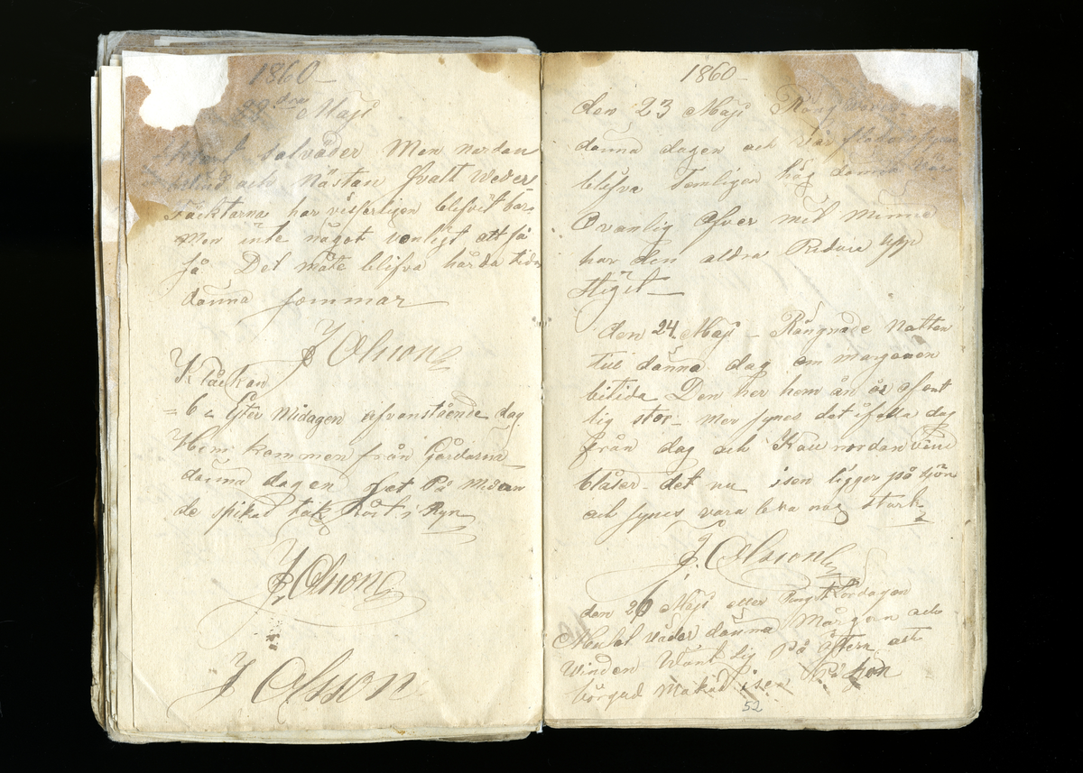Dagböcker och andra anteckningar förda av storbonden och bössmeden Jonas Olsson (1832-1895) i Fågelsjö, Los mellan åren 1851 och 1892. Dagböckerna berör vardagens arbete, händelser i familjen och byn, förtretligheter, glädjeämnen och sorg. Böckerna förda i varierande frekvens med både dagliga och strödda anteckningar. Hela luckor år 1862-63, 1870-78, 1880-83 samt 1885-56. Dagboken förd i böcker med blandat innehåll, där dagboksanteckningarna är instoppade. Jonas Olssons dagboksanteckningar finns även transkriberade och publicerade i boken "Min hand är icke begåfvad att föra en skikliger penna", 2009.

