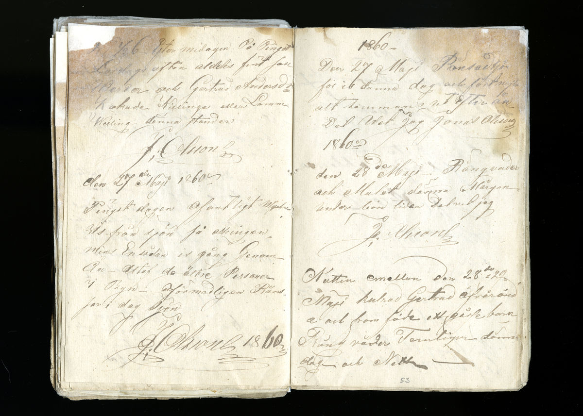 Dagböcker och andra anteckningar förda av storbonden och bössmeden Jonas Olsson (1832-1895) i Fågelsjö, Los mellan åren 1851 och 1892. Dagböckerna berör vardagens arbete, händelser i familjen och byn, förtretligheter, glädjeämnen och sorg. Böckerna förda i varierande frekvens med både dagliga och strödda anteckningar. Hela luckor år 1862-63, 1870-78, 1880-83 samt 1885-56. Dagboken förd i böcker med blandat innehåll, där dagboksanteckningarna är instoppade. Jonas Olssons dagboksanteckningar finns även transkriberade och publicerade i boken "Min hand är icke begåfvad att föra en skikliger penna", 2009.
