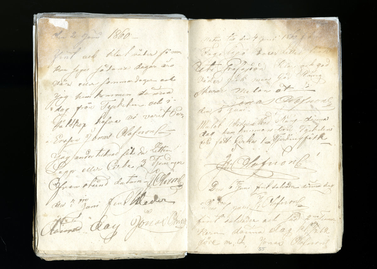 Dagböcker och andra anteckningar förda av storbonden och bössmeden Jonas Olsson (1832-1895) i Fågelsjö, Los mellan åren 1851 och 1892. Dagböckerna berör vardagens arbete, händelser i familjen och byn, förtretligheter, glädjeämnen och sorg. Böckerna förda i varierande frekvens med både dagliga och strödda anteckningar. Hela luckor år 1862-63, 1870-78, 1880-83 samt 1885-56. Dagboken förd i böcker med blandat innehåll, där dagboksanteckningarna är instoppade. Jonas Olssons dagboksanteckningar finns även transkriberade och publicerade i boken "Min hand är icke begåfvad att föra en skikliger penna", 2009.
