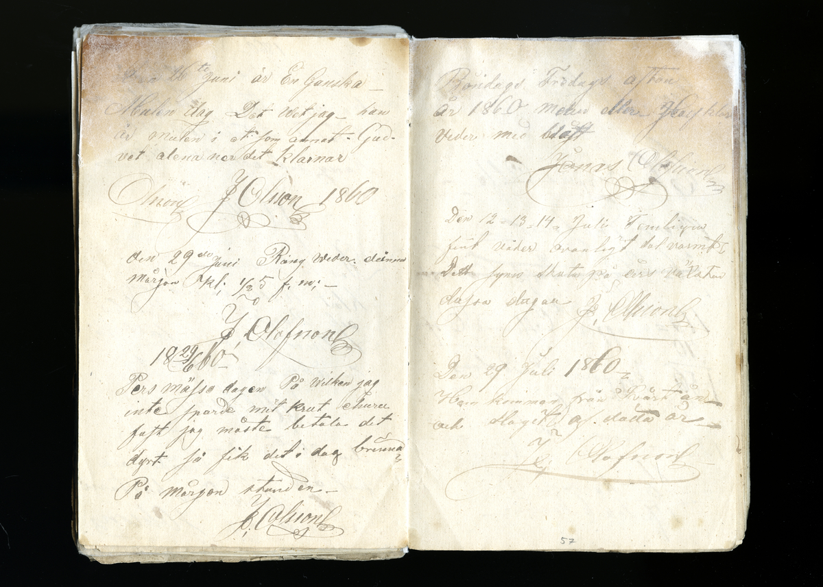 Dagböcker och andra anteckningar förda av storbonden och bössmeden Jonas Olsson (1832-1895) i Fågelsjö, Los mellan åren 1851 och 1892. Dagböckerna berör vardagens arbete, händelser i familjen och byn, förtretligheter, glädjeämnen och sorg. Böckerna förda i varierande frekvens med både dagliga och strödda anteckningar. Hela luckor år 1862-63, 1870-78, 1880-83 samt 1885-56. Dagboken förd i böcker med blandat innehåll, där dagboksanteckningarna är instoppade. Jonas Olssons dagboksanteckningar finns även transkriberade och publicerade i boken "Min hand är icke begåfvad att föra en skikliger penna", 2009.
