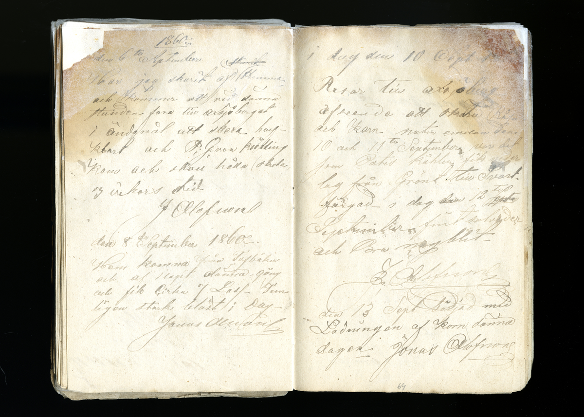 Dagböcker och andra anteckningar förda av storbonden och bössmeden Jonas Olsson (1832-1895) i Fågelsjö, Los mellan åren 1851 och 1892. Dagböckerna berör vardagens arbete, händelser i familjen och byn, förtretligheter, glädjeämnen och sorg. Böckerna förda i varierande frekvens med både dagliga och strödda anteckningar. Hela luckor år 1862-63, 1870-78, 1880-83 samt 1885-56. Dagboken förd i böcker med blandat innehåll, där dagboksanteckningarna är instoppade. Jonas Olssons dagboksanteckningar finns även transkriberade och publicerade i boken "Min hand är icke begåfvad att föra en skikliger penna", 2009.
