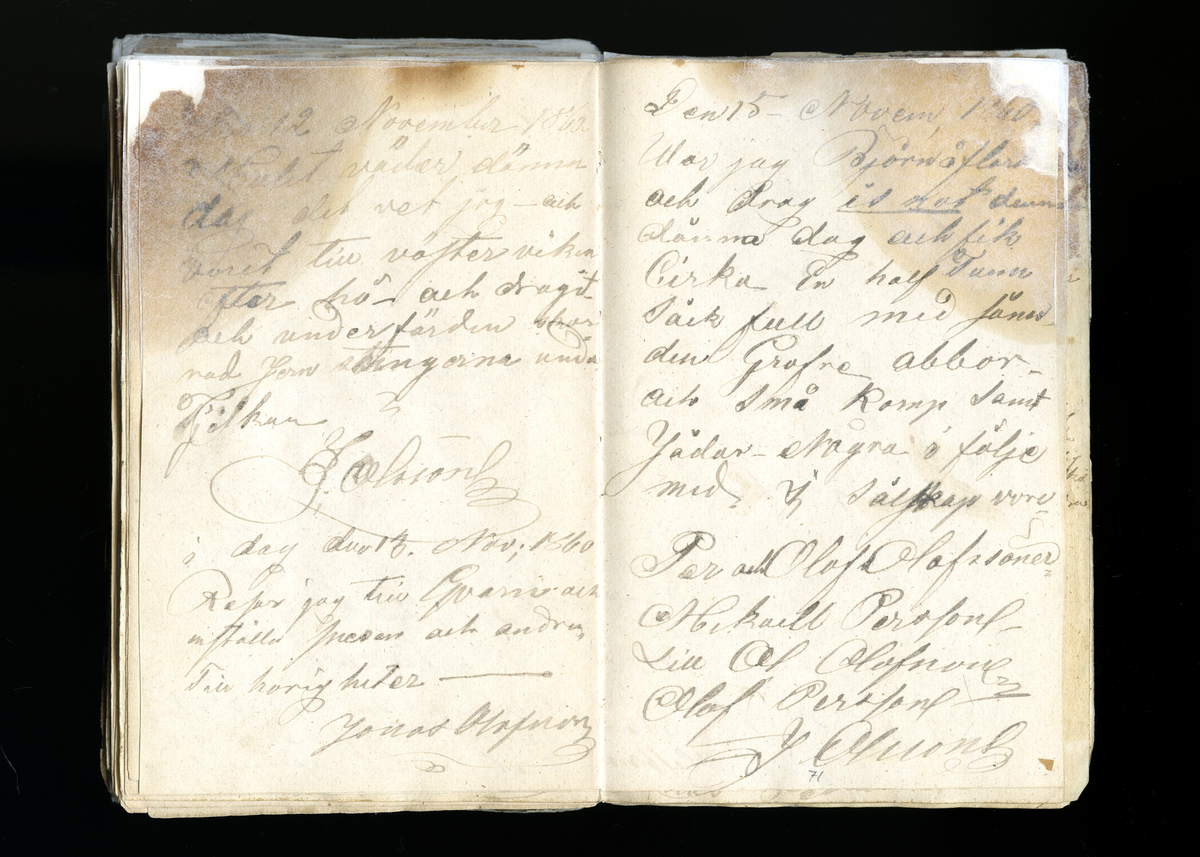 Dagböcker och andra anteckningar förda av storbonden och bössmeden Jonas Olsson (1832-1895) i Fågelsjö, Los mellan åren 1851 och 1892. Dagböckerna berör vardagens arbete, händelser i familjen och byn, förtretligheter, glädjeämnen och sorg. Böckerna förda i varierande frekvens med både dagliga och strödda anteckningar. Hela luckor år 1862-63, 1870-78, 1880-83 samt 1885-56. Dagboken förd i böcker med blandat innehåll, där dagboksanteckningarna är instoppade. Jonas Olssons dagboksanteckningar finns även transkriberade och publicerade i boken "Min hand är icke begåfvad att föra en skikliger penna", 2009.
