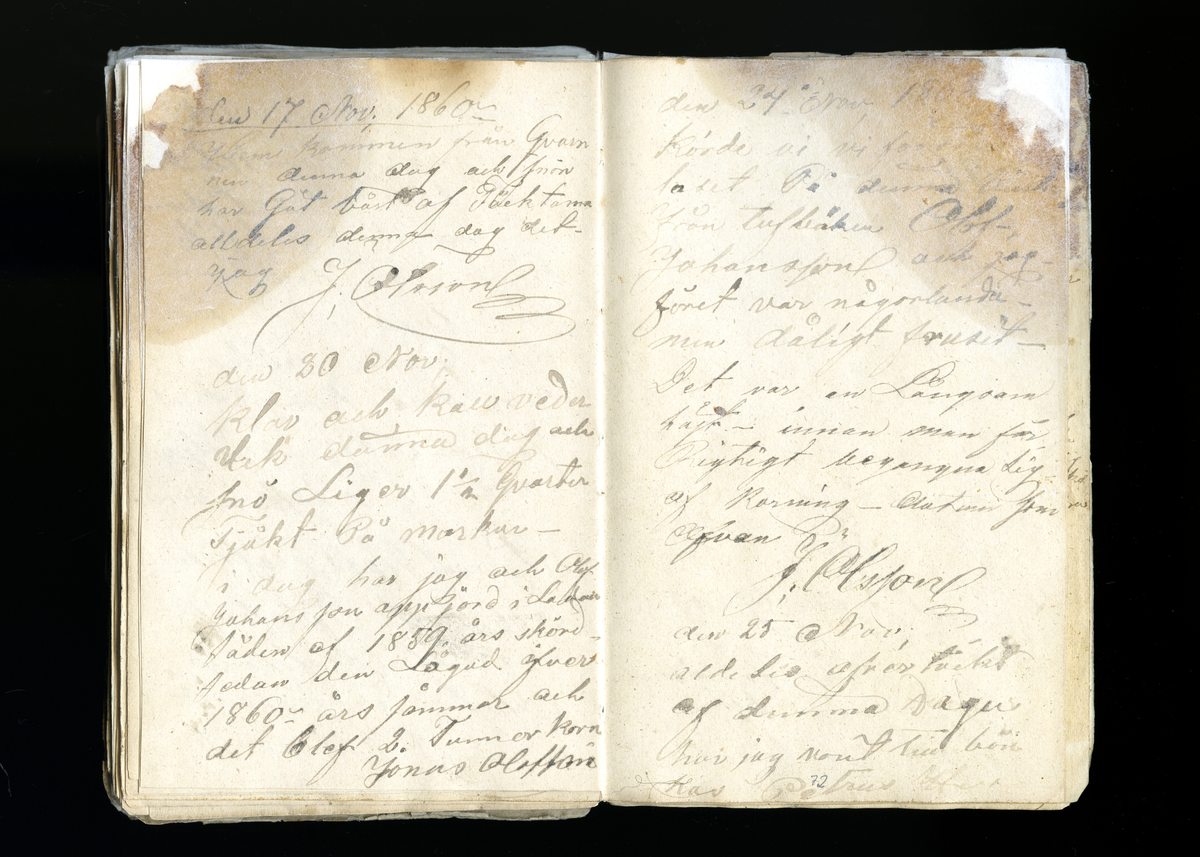 Dagböcker och andra anteckningar förda av storbonden och bössmeden Jonas Olsson (1832-1895) i Fågelsjö, Los mellan åren 1851 och 1892. Dagböckerna berör vardagens arbete, händelser i familjen och byn, förtretligheter, glädjeämnen och sorg. Böckerna förda i varierande frekvens med både dagliga och strödda anteckningar. Hela luckor år 1862-63, 1870-78, 1880-83 samt 1885-56. Dagboken förd i böcker med blandat innehåll, där dagboksanteckningarna är instoppade. Jonas Olssons dagboksanteckningar finns även transkriberade och publicerade i boken "Min hand är icke begåfvad att föra en skikliger penna", 2009.
