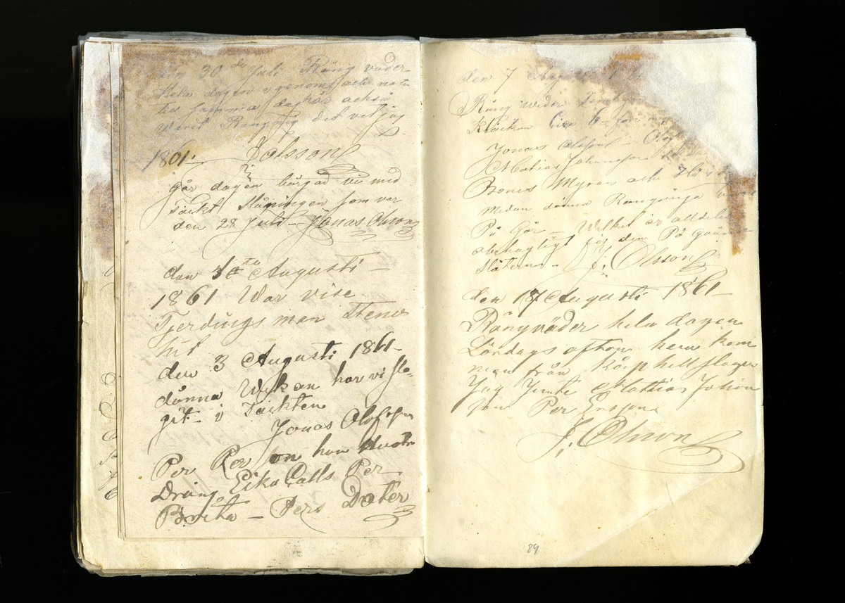 Dagböcker och andra anteckningar förda av storbonden och bössmeden Jonas Olsson (1832-1895) i Fågelsjö, Los mellan åren 1851 och 1892. Dagböckerna berör vardagens arbete, händelser i familjen och byn, förtretligheter, glädjeämnen och sorg. Böckerna förda i varierande frekvens med både dagliga och strödda anteckningar. Hela luckor år 1862-63, 1870-78, 1880-83 samt 1885-56. Dagboken förd i böcker med blandat innehåll, där dagboksanteckningarna är instoppade. Jonas Olssons dagboksanteckningar finns även transkriberade och publicerade i boken "Min hand är icke begåfvad att föra en skikliger penna", 2009.
