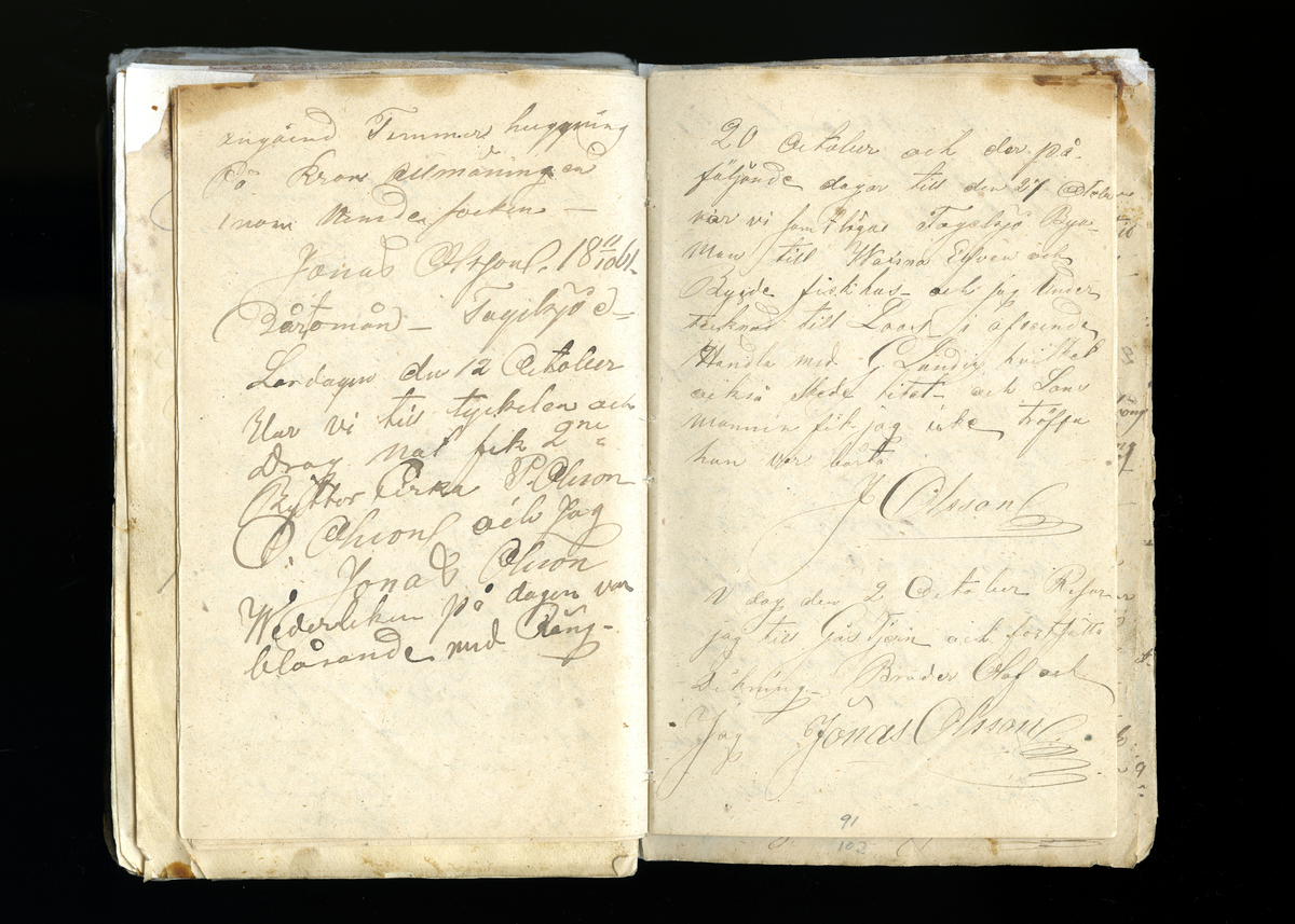 Dagböcker och andra anteckningar förda av storbonden och bössmeden Jonas Olsson (1832-1895) i Fågelsjö, Los mellan åren 1851 och 1892. Dagböckerna berör vardagens arbete, händelser i familjen och byn, förtretligheter, glädjeämnen och sorg. Böckerna förda i varierande frekvens med både dagliga och strödda anteckningar. Hela luckor år 1862-63, 1870-78, 1880-83 samt 1885-56. Dagboken förd i böcker med blandat innehåll, där dagboksanteckningarna är instoppade. Jonas Olssons dagboksanteckningar finns även transkriberade och publicerade i boken "Min hand är icke begåfvad att föra en skikliger penna", 2009.
