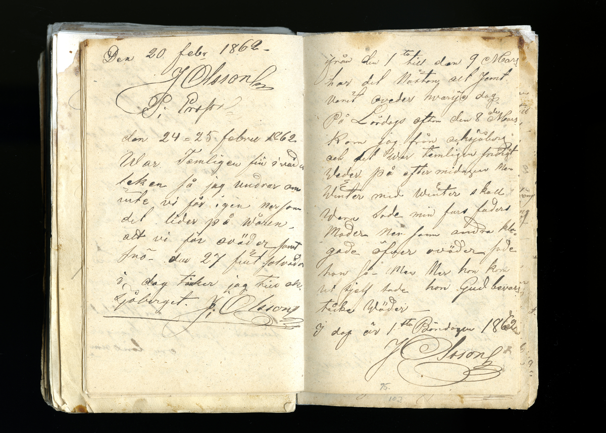 Dagböcker och andra anteckningar förda av storbonden och bössmeden Jonas Olsson (1832-1895) i Fågelsjö, Los mellan åren 1851 och 1892. Dagböckerna berör vardagens arbete, händelser i familjen och byn, förtretligheter, glädjeämnen och sorg. Böckerna förda i varierande frekvens med både dagliga och strödda anteckningar. Hela luckor år 1862-63, 1870-78, 1880-83 samt 1885-56. Dagboken förd i böcker med blandat innehåll, där dagboksanteckningarna är instoppade. Jonas Olssons dagboksanteckningar finns även transkriberade och publicerade i boken "Min hand är icke begåfvad att föra en skikliger penna", 2009.

